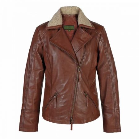 Hana Women’s Rust Leather Flying Jacket With Faux Fur Collar