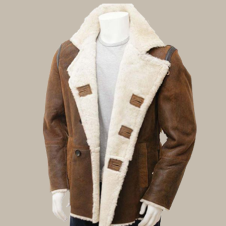 Men Double Breasted Fur Shearling Distressed Brown Leather Coat